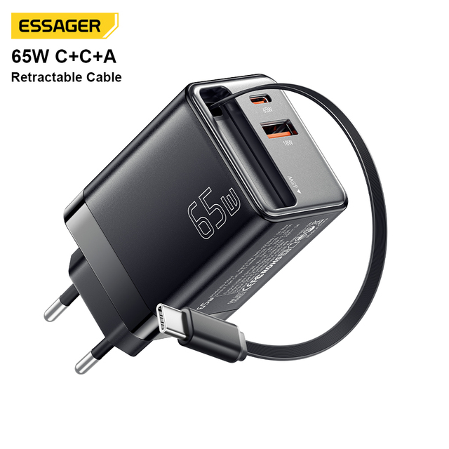 ESSAGER ES-CD49 Dual Port Pd Gan 65W Retractable Usb Type C Laptop Wall Fast Charger Mobile Phone Fast Charging for Samsung