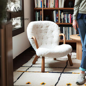 Sillón de diseño moderno, sillón de <span class=keywords><strong>almeja</strong></span> con marco de madera maciza de tela de lana larga blanca, sillón para sala de estar, muebles de interior reclinables - Product Image 5