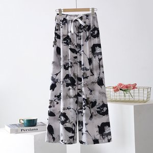 Pantalon de pyjama en coton et soie pour femmes, fin, ample, à jambes larges, décontracté, pour l'été, à porter en extérieur - Product Image 1
