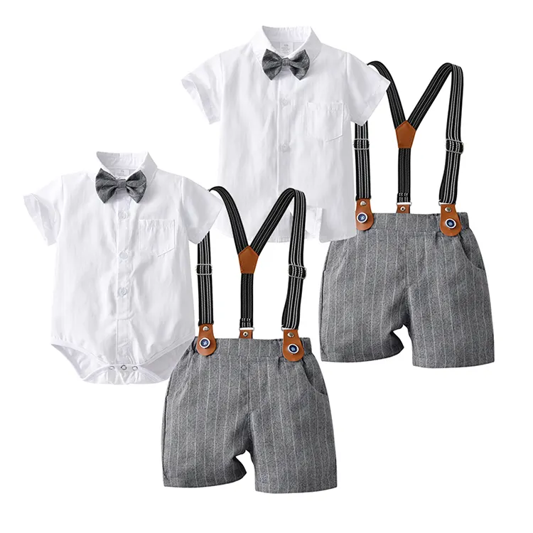 Niños ropa niños blanco mono mameluco y corbata de moño traje de dos piezas de ropa de bebé niños Caballero traje de traje