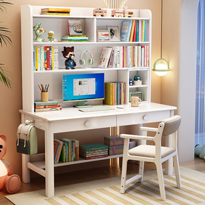 Bureau et étagère combinés en bois massif, noyer gris et blanc, meubles de rangement pour enfants, bureau d'étude au design minimaliste - Product Image 3