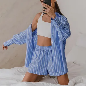 Enyami Minimalist Loose Blue White Striped Long Sleeve Shirt Blouse Shorts Casual 2 Piece Co Ord Sets Women