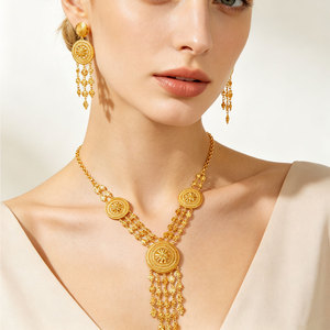 Parures de bijoux en or véritable 24 carats pour femmes éthiopiennes et de Dubaï, faible MOQ, en alliage, style Habesha, pour mariages, collier long et boucles d'oreilles - Product Image 4