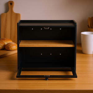 Caja de pan de bambú de doble capa, contenedor de almacenamiento de madera de gran capacidad para cocina, diseño moderno, tapa de acrílico negro - Product Image 2