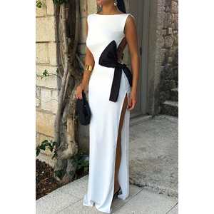 Robe de soirée blanche style simple col montant manches courtes détails de perles tailles XS/XL longueur au sol styles de fête - Disponible XS XL - Product Image 5