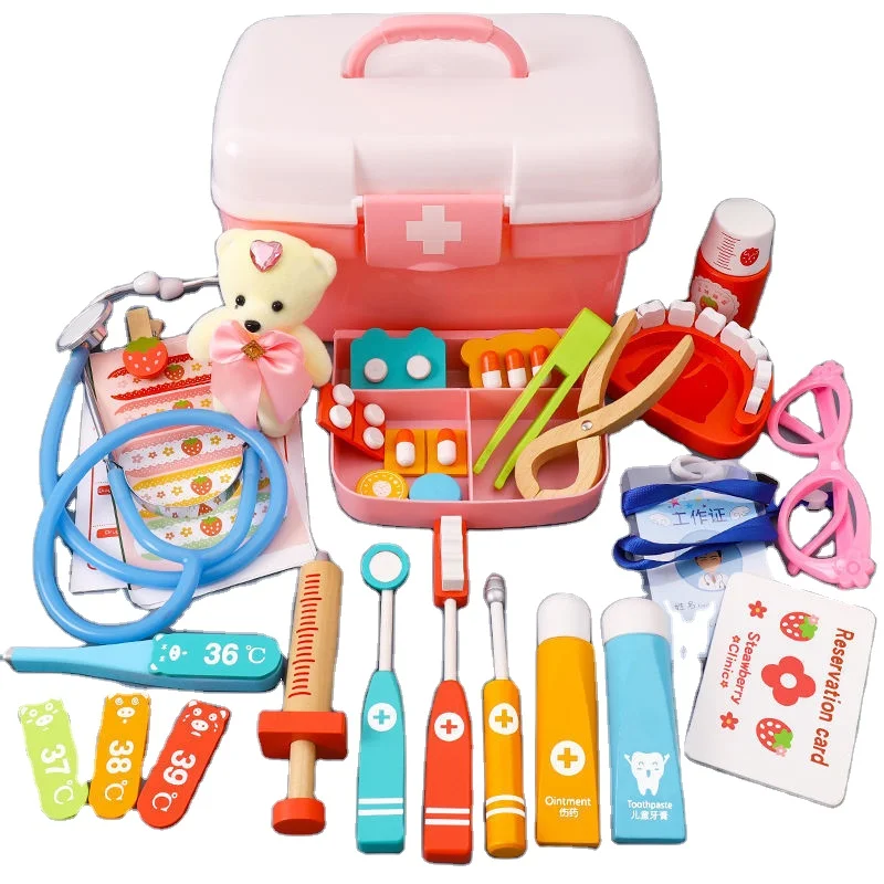 Докторские игрушки на колесиках, набор игрушек, деревянные детские ролевые игры, развивающая новая пластиковая коробка для лекарств, розовая/синяя основа, 25 комплектов