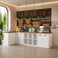 Comptoir de bar à café minimaliste blanc et bois avec éclairage d'ambiance LED, comptoir commercial pour café, boulangerie, personnalisation disponible