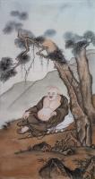 Peinture murale Zen Bouddha Rieur 100 % peinte à la main, Art mural traditionnel chinois sur soie, Peinture sur rouleau suspendu, Tailles personnalisables pour la maison