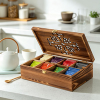Boîte à thé en bois, organiseur à 9 compartiments avec couvercle pour sachets, cuisine, salon