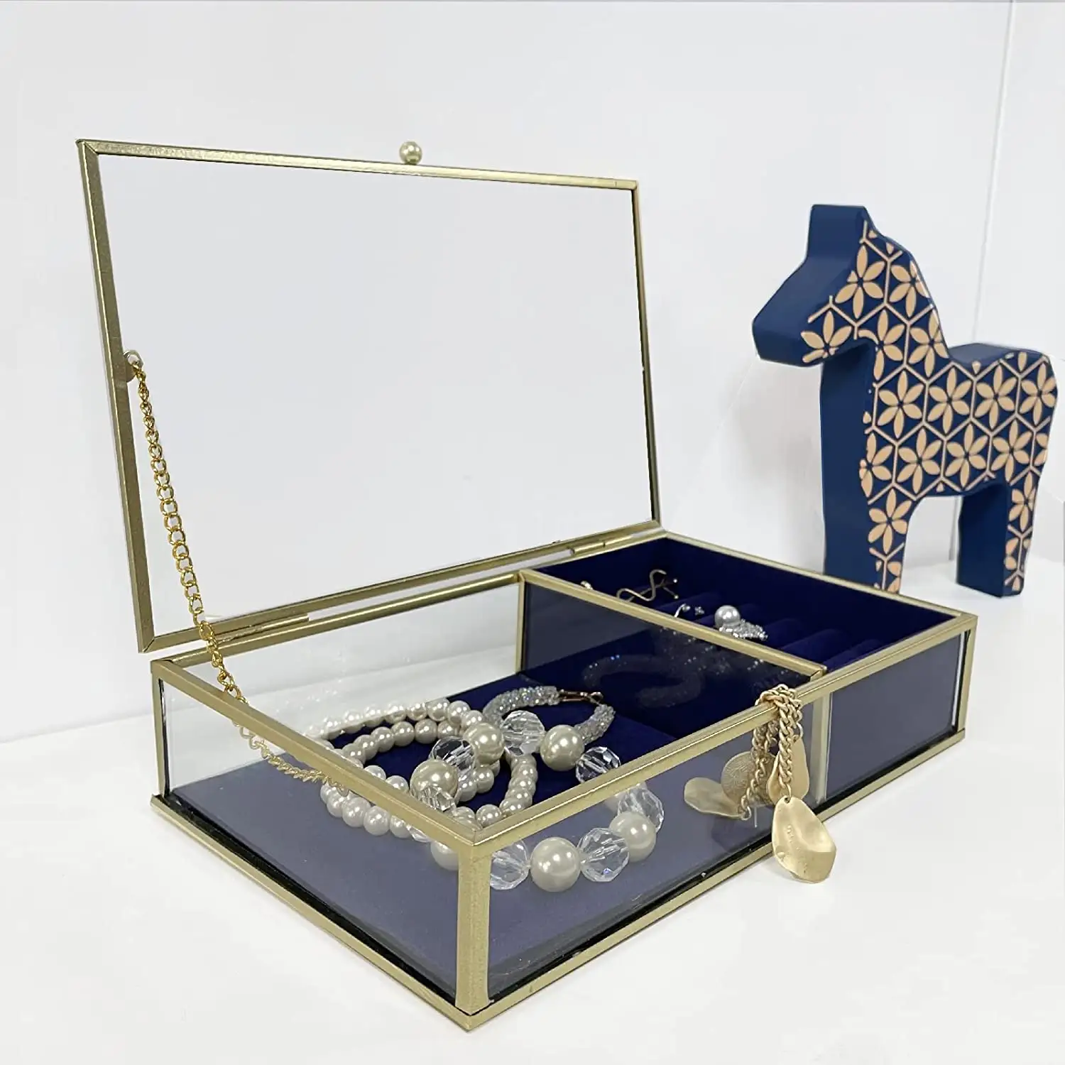 Gold Metal Frame glass jewelry velvet box for display