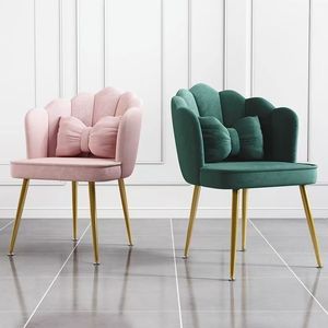 Chaise de salle à manger moderne en velours rose, chaise de coiffeuse avec dossier coquille et coussin à nœuds, tabouret de coiffeuse pour chambre de filles, appartement, hôtel - Product Image 3