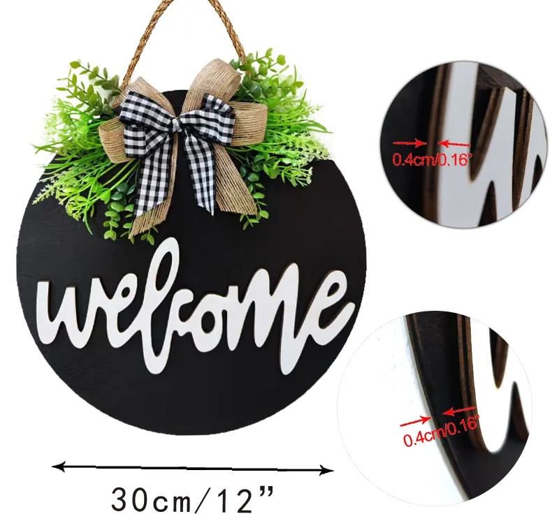 Welcome Sign for Front Door  Welcome Door Sign with Bows and Artificial Plants 11.8 Inch Black Welcome Sign with Round Wood