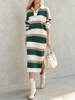 Robe pull midi en maille acrylique rayée à col polo et manches longues, coupe droite ample avec fente latérale pour femme