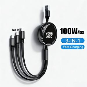 Câble de charge USB rétractable 3-en-1 en nylon tressé 1,2 m 100W TPE avec logo OEM pour téléphone/Type-C/Android - Product Image 1