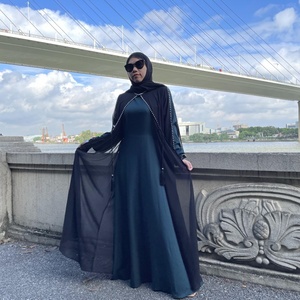 6429# Chiffon Black Open With Pearls With Belt and Dress Two Pieces Vestidos Fashionable Abaya Dress - Product Image 2