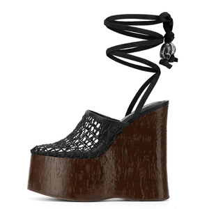 Sandales à talons compensés hauts pour femmes, à empeigne en résille, plateforme épaisse, à lacets à la cheville et découpes en maille - Product Image 6