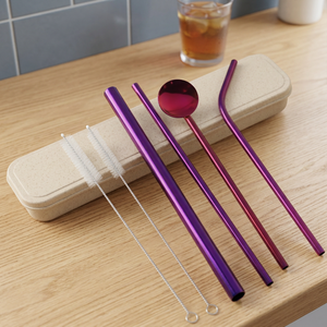 Purple Metal <b>Drinking</b> <b>Straws</b> Set of 4 Reusable Bar Accessories Modern Style - Product Image 1