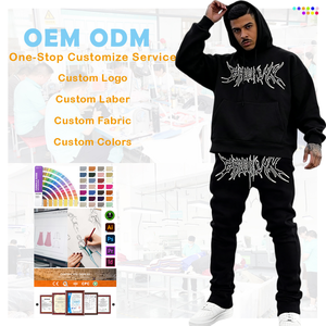 Factory OEM ODM Custom Men's 2 Piece Outfits Letter Graphic Print Long Sleeve Pocket Sweatshirt and Sweatpants Tracksuit <b>Set</b> - Product Image 1
