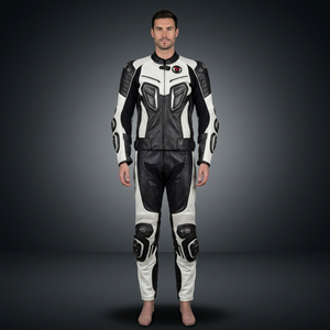 Traje de Motociclismo de Cuero Blanco y Negro para Hombre, Conjunto de Dos Piezas con Armadura - Product Image 1