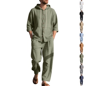 Nuovi <span class=keywords><strong>pantaloni</strong></span> lunghi da <span class=keywords><strong>uomo</strong></span> in <span class=keywords><strong>lino</strong></span> Casual da spiaggia con cappuccio per la primavera autunno Set di camicie con collo mandarino 2025 la vendita calda - Product Image 1