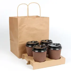 Portavasos de papel personalizado desechable biodegradable, portador de bandeja para llevar, bolsa de embalaje con logotipo impreso de cartón de pulpa Kraft