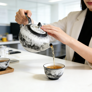 Théière en céramique européenne artistique de 10 pouces, peinte à la main, encre noire et blanche, lavage à l'encre, écologique, capacité de 1 L, couvercle et poignée, adaptée au thé - Product Image 2