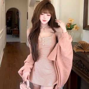 Korean Style Striped Suspender Dress With Knitted Cardigan Two Piece Set Women's Daily Wear Breathable One Shoulder Outfit - Product Image 2