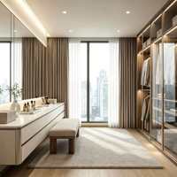 Système de dressing central incurvé en bois avec éclairage LED, armoire de rangement sur mesure pour chambre de villa en immeuble de grande hauteur