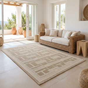 <span class=keywords><strong>Tappeto</strong></span> Decorativo di Lusso in Lana Neozelandese e Seta di Bambù, Annodato a Mano, Stile <span class=keywords><strong>Moderno</strong></span> Wabi Sabi, <span class=keywords><strong>Beige</strong></span> Neutro, Geometrico Greco - Product Image 1