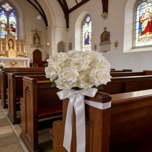 Bloemen voor de bruidsgang, moderne kerk, op maat gemaakte bloemenkolom, bloemen voor de krukjes, kunstzijde lint, bijpassende set paar. - Product Image 6