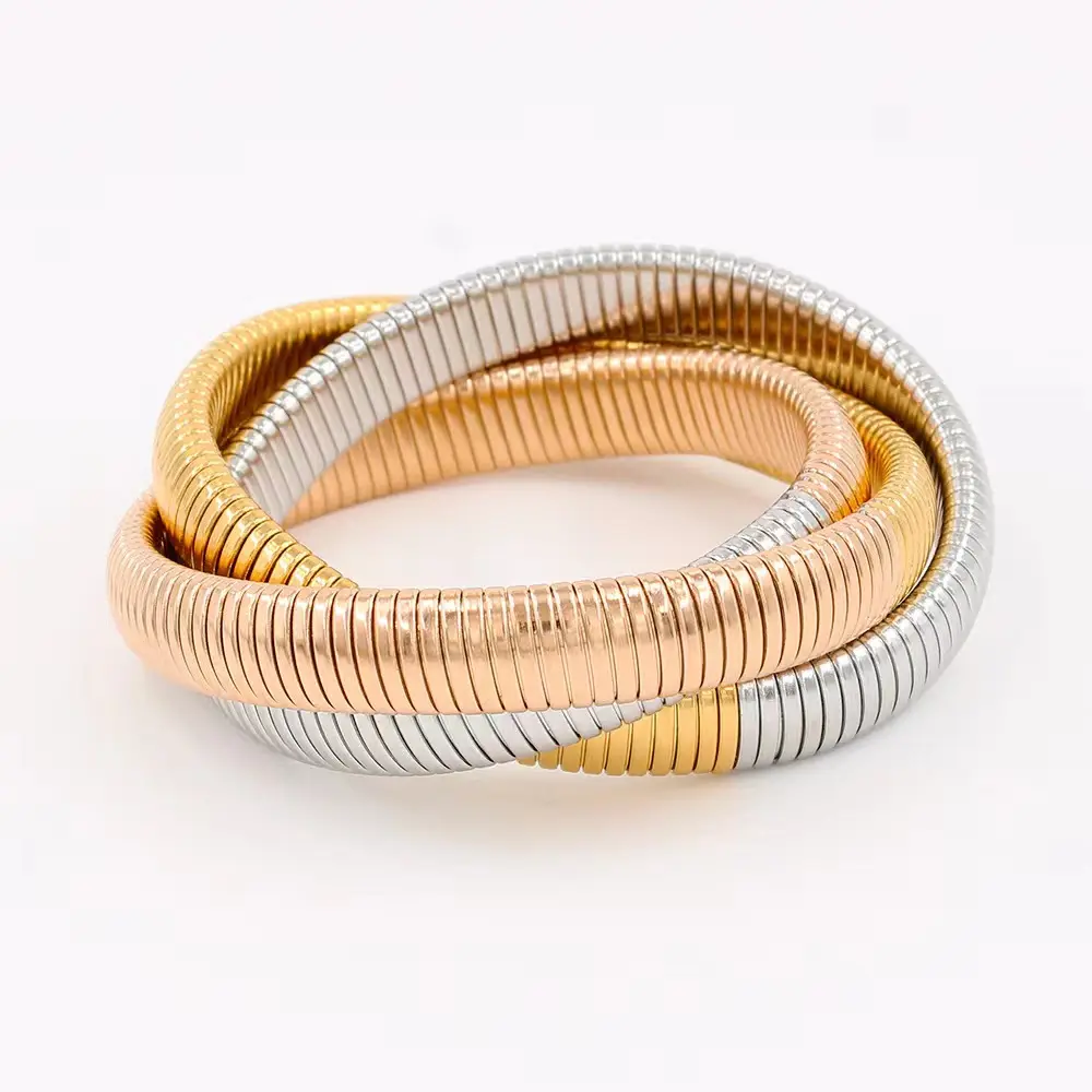 All'ingrosso della moda in acciaio inossidabile placcato oro 18K impilato braccialetto triplo braccialetto 12MM ad incastro elastico braccialetto di colore