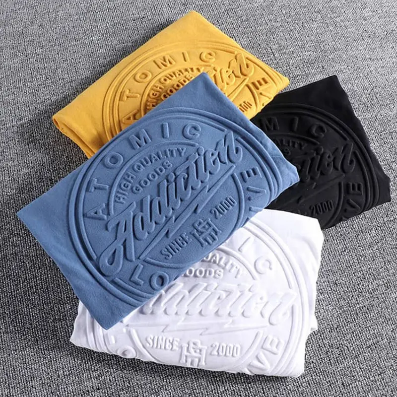 New Arrival Customized Embossed Tshirt Pure Cotton Casual Embossing T-Shirt Plain Short Sleeve Embossed T Shirt