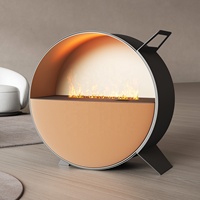 Cheminée électrique LED circulaire décorative autoportante avec structure métallique, économie d'énergie, luminosité de la flamme réglable