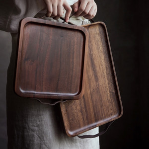 Japanese Style Solid Wood Rectangular <b>Tray</b> With Leather Handle For <b>Tea</b> Coffee Serving Home Use - Product Image 1