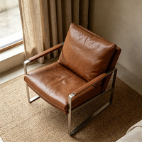 Fauteuil moderne en cuir véritable avec structure en acier et accent en panneau de bois |   Meubles de loisirs pour la maison, le bureau, le salon, l'hôtel