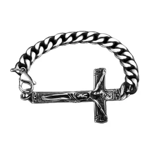 Pulseira masculina, cruz cristão de aço inoxidável