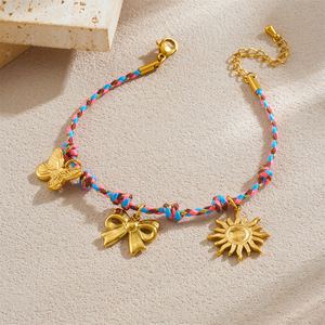 Fashion Charm Bracelet Colorful Woven Rope Gold Plated Butterfly Bow Sun Pendant Women's Jewelry Gift - Product Image 2