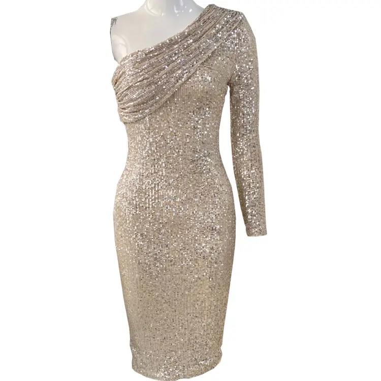 Fashionable Ladies One Shoulder Long Sleeve Women Evening Cocktail Party Club Wear Slim Bodycon Gold Sequin Midi Dresses
