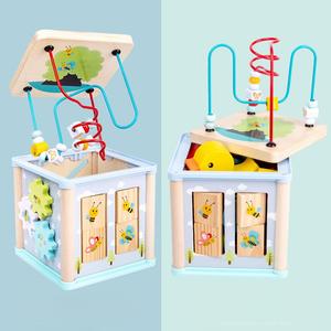 Giocattoli Montessori 5-in-1 Cubo di Attività in Legno Multifunzionale con Giochi di Avvolgimento Perline, Abbinamento Forme e Puzzle per Bambini - Product Image 2