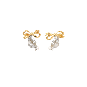 Boucles d'oreilles en perles, acier inoxydable 316L, placage or PVD, design plume et nœud, clous - Product Image 2