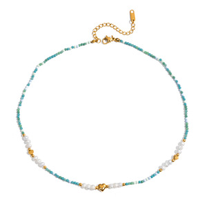 Collar con forma de corazón con perla de agua dulce y piedra natural azul, colgante romántico de acero inoxidable chapado en oro de 18 quilates. - Product Image 5