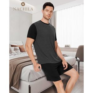Ensemble de pyjama pour homme en viscose de bambou à manches courtes, vêtements de nuit rafraîchissants, doux et respirants, avec poches, pour l'été - Product Image 5