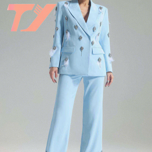 Blazers longs élégants bleu clair pour femmes, en spandex/coton écologique, décorés de plumes, col en V, manches longues - Product Image 1