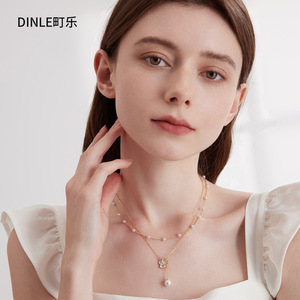 DINLE สร้อยคอมุกคาเมลเลียสองชั้นเกรด AAA สร้อยคอผู้หญิงดีไซน์หรูหราสำหรับสวมใส่ทุกวัน - Product Image 2