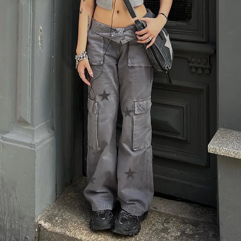 Low Waist Vintage Jeans Star Retro Multipockets Cargo Pants Streetwear Fashion Y2k Grunge Gray Aesthetic Clothes 90s