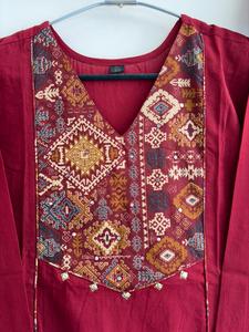 Conjunto de Salwar Kameez de Algodón para Mujer, Kurti Bordado Color Granate, Dupatta, Corte Regular, Largo Regular, Estilo Moderno para Fiestas de Verano, India - Product Image 5