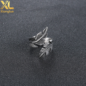 Stainless Steel Feather Retro Fashion Leaves Men's <b>Silver</b> <b>Adjustable</b> Opening <b>Ring</b> - Product Image 5