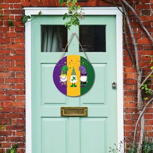 Décoration de porte d'entrée de plaque de porte naine de carnaval, plaque en bois de point vert jaune violet suspendu rond - Product Image 4