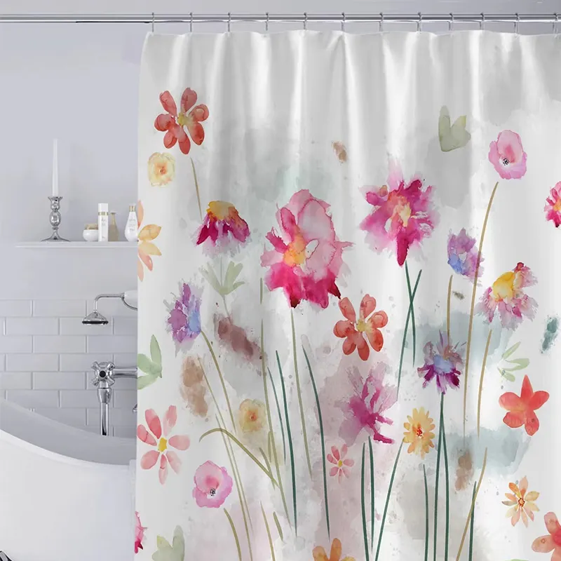 China Cheap Bath Shower Curtains Custom Design Tropical Shower Curtain Extra Long Plant Flower Bathroom Curtains