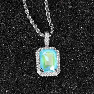 Collier Bling Bling inspiré du hip-hop, plaqué argent, avec zircon cubique rose vif taille émeraude et halo pavé, très attrayant - Product Image 3